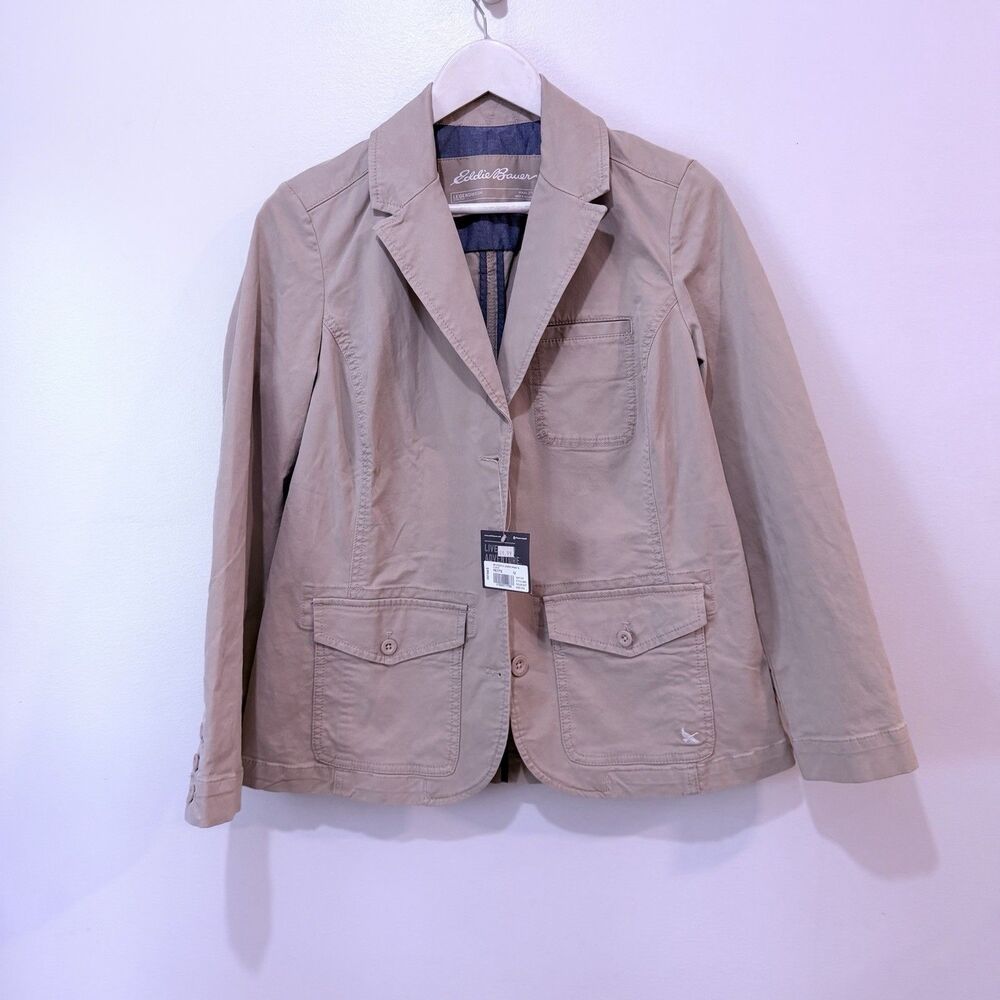 NWT Eddie Bauer Womens Legend Wash Stretch Utility Jacket Khaki Beige Button 12P